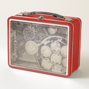 Vintage Christmas Motif with Cookies and Coffee Metal Lunch Box