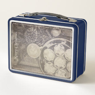 Vintage Christmas Motif with Cookies and Coffee Metal Lunch Box