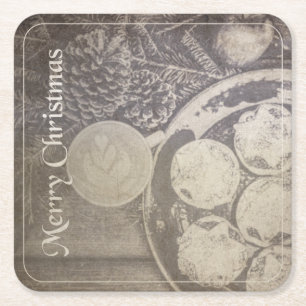 Vintage Christmas Motif with Cookies and Coffee Square Paper Coaster