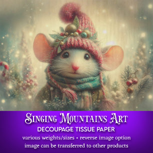 Vintage Christmas Mouse In Hat Decoupage Tissue Paper
