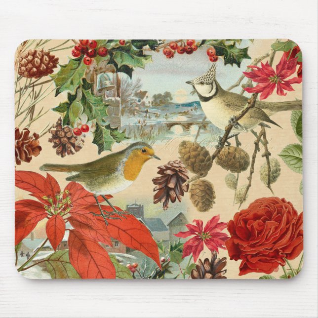 Vintage christmas mousepad w/ birds and red flower (Front)