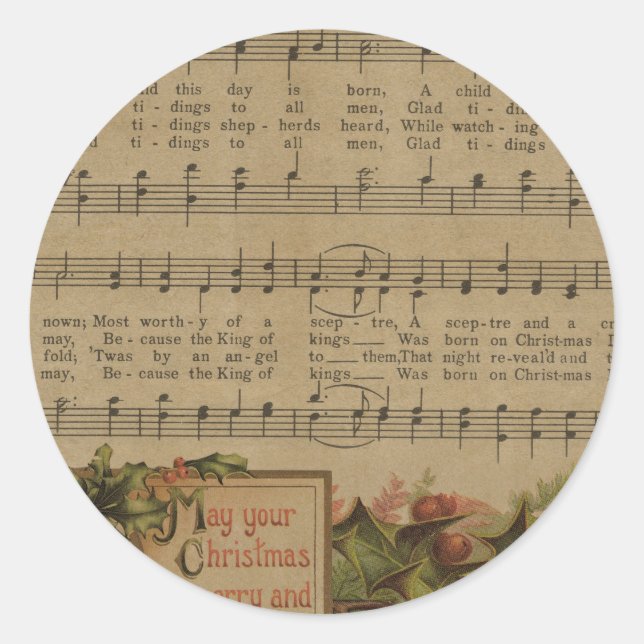 Vintage Christmas Music Sheet Holiday Classic Round Sticker (Front)