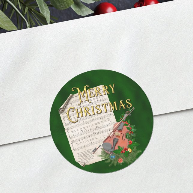 Vintage Christmas Music Violin Green Classic Round Sticker (Creator Uploaded)