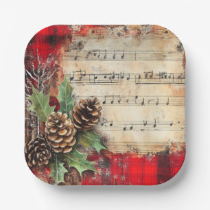 Vintage Christmas Musical Notes Pine Cones Holiday Paper Plate