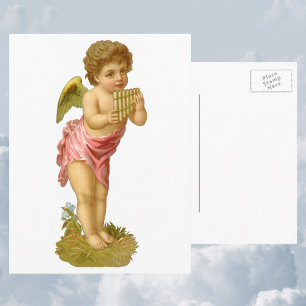 Vintage Christmas, Musician Angel with Pan Pipes Holiday Postcard