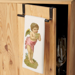 Vintage Christmas, Musician Angel with Pan Pipes Tea Towel