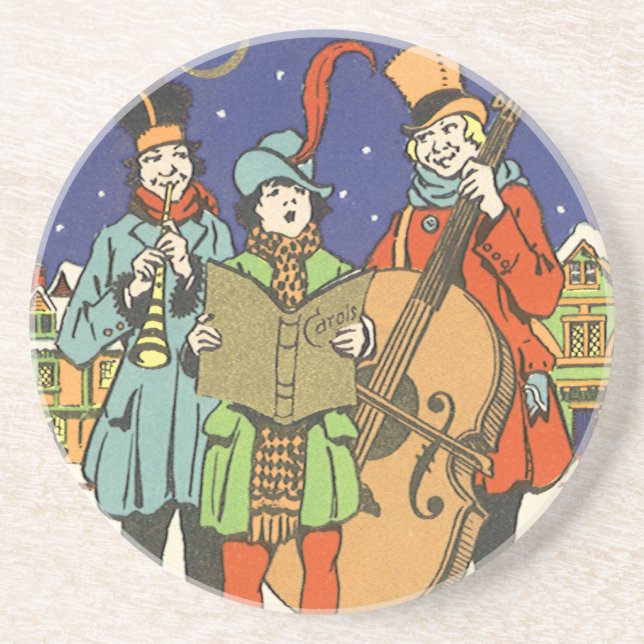 Vintage Christmas, Musicians Caroling with Music Coaster (Front)