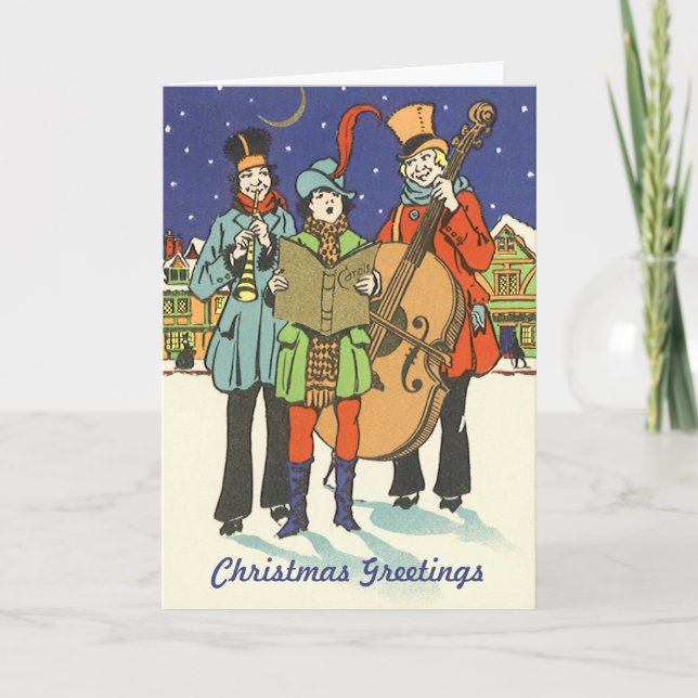Vintage Christmas, Musicians Caroling with Music Holiday Card (Front)