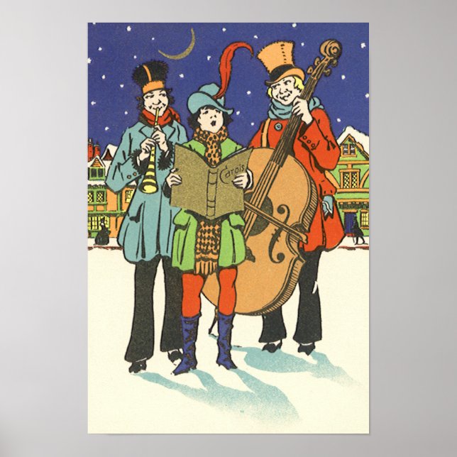 Vintage Christmas, Musicians Caroling with Music Poster (Front)