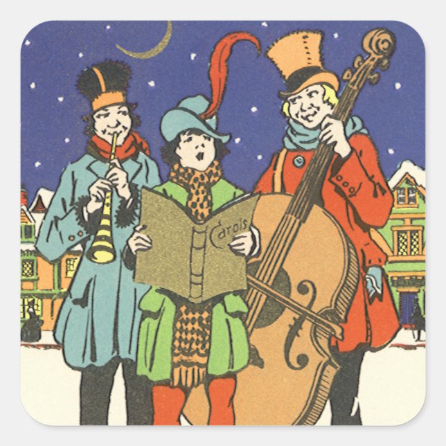 Vintage Christmas, Musicians Caroling with Music Square Sticker (Front)