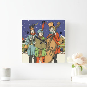 Vintage Christmas, Musicians Caroling with Music Square Wall Clock