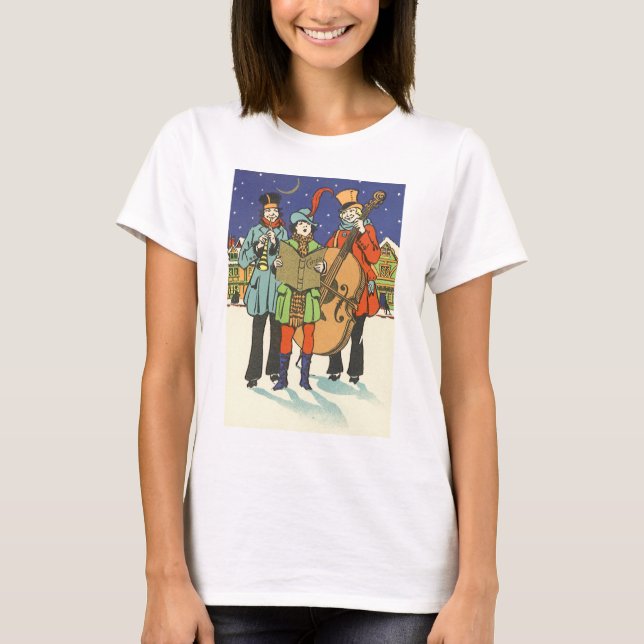 Vintage Christmas, Musicians Caroling with Music T-Shirt (Front)