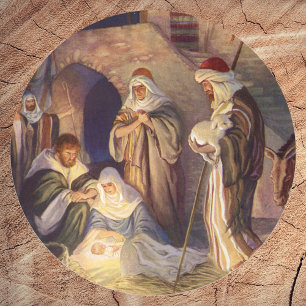 Vintage Christmas Nativity, 3 Shepherds and Jesus Classic Round Sticker