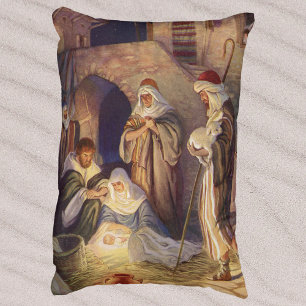 Vintage Christmas Nativity, 3 Shepherds and Jesus Decorative Cushion