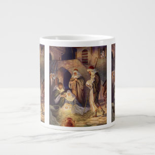 Vintage Christmas Nativity, 3 Shepherds and Jesus Large Coffee Mug