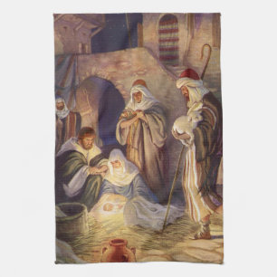 Vintage Christmas Nativity, 3 Shepherds and Jesus Tea Towel