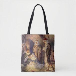 Vintage Christmas Nativity, 3 Shepherds and Jesus Tote Bag
