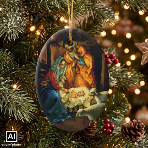 Vintage Christmas Nativity, Baby Jesus in Manger Ceramic Tree Decoration