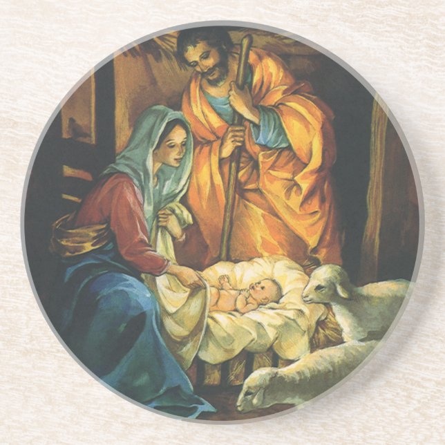 Vintage Christmas Nativity, Baby Jesus in Manger Coaster (Front)
