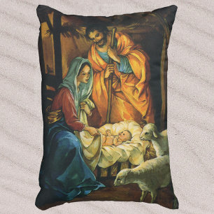 Vintage Christmas Nativity, Baby Jesus in Manger Decorative Cushion