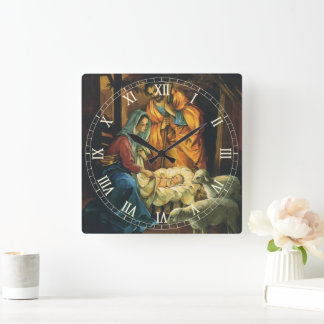 Vintage Christmas Nativity, Baby Jesus in Manger Square Wall Clock