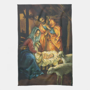 Vintage Christmas Nativity, Baby Jesus in Manger Tea Towel