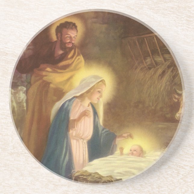 Vintage Christmas Nativity, Mary Joseph Baby Jesus Coaster (Front)
