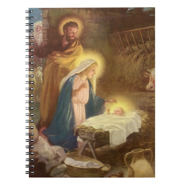 Vintage Christmas Nativity, Mary Joseph Baby Jesus Notebook (Front)