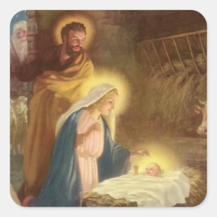 Vintage Christmas Nativity, Mary Joseph Baby Jesus Square Sticker