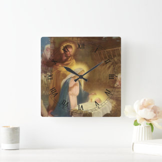 Vintage Christmas Nativity, Mary Joseph Baby Jesus Square Wall Clock