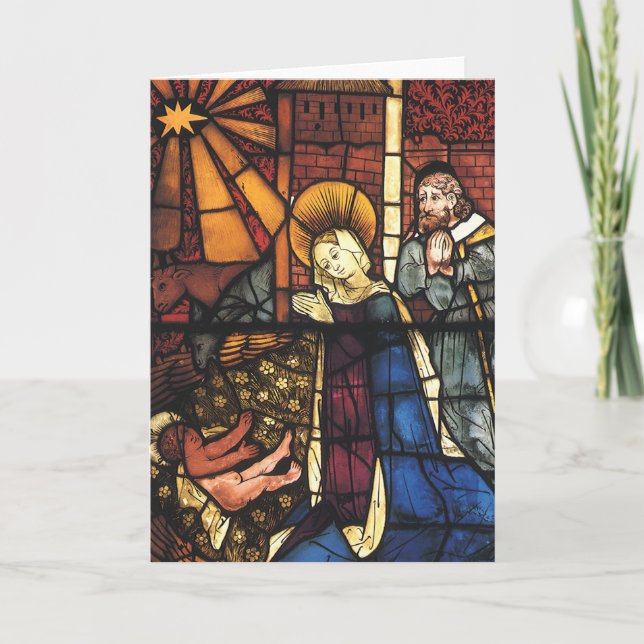 Vintage Christmas Nativity Scene in Stained Glass Holiday Card (Front)