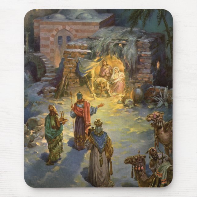Vintage Christmas Nativity with Visiting Magi Mouse Mat (Front)