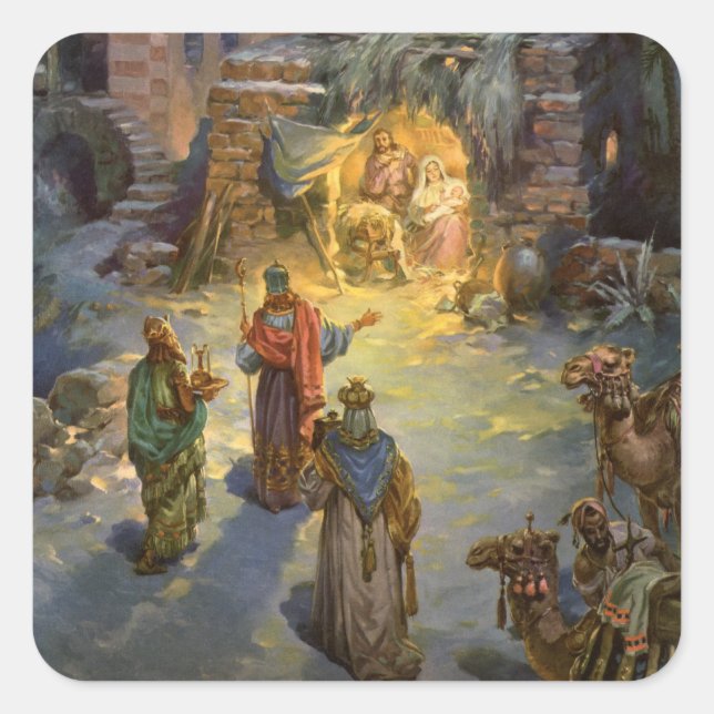 Vintage Christmas Nativity with Visiting Magi Square Sticker (Front)