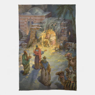 Vintage Christmas Nativity with Visiting Magi Tea Towel