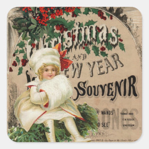 Vintage Christmas New Year Ephemera Poster Square Sticker