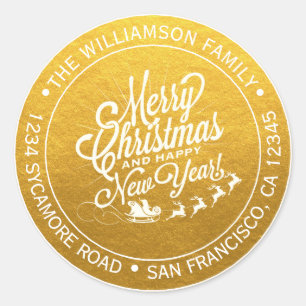 Vintage Christmas New Year Gold Return Address Classic Round Sticker