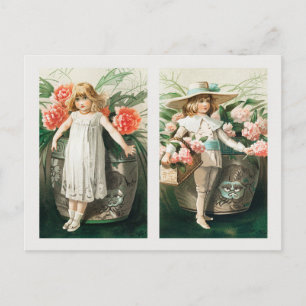 Vintage Christmas New Year young girls with flower Holiday Postcard