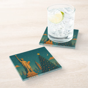Vintage Christmas New York Statue of Liberty Glass Coaster