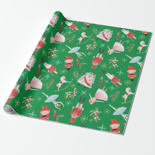 Vintage Christmas Nutcracker Fairy Tale Green Wrapping Paper