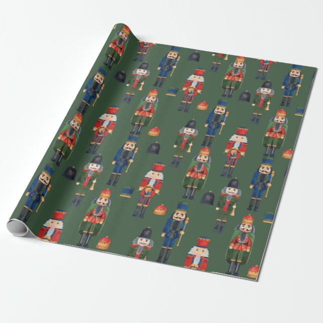 Vintage Christmas Nutcrackers Green Wrapping Paper (Unrolled)