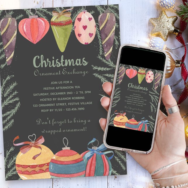 Vintage Christmas Ornament Exchange Party Invitation (Christmas Ornament Exchange Party Invitation)