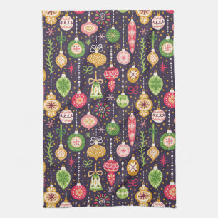 Vintage Christmas Ornament Pattern Tea Towel