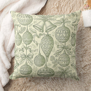 Vintage Christmas Ornament Toile Sage Green Cream Cushion