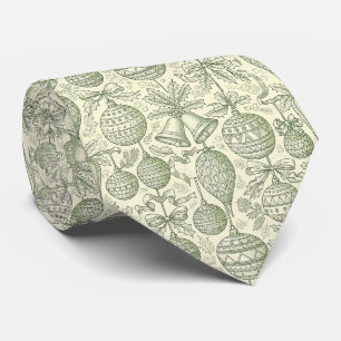 Vintage Christmas Ornament Toile Sage Green Cream Tie