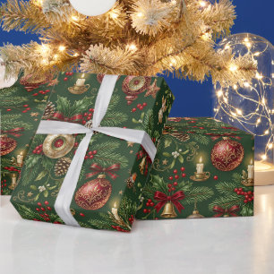 Vintage Christmas Ornaments and Decorations Green Wrapping Paper
