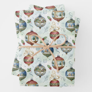 Vintage Christmas Ornaments and Holly Berry Wrapping Paper Sheet
