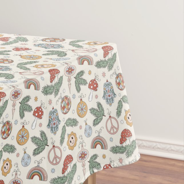Vintage Christmas Ornaments and Peace Signs Tablecloth (In Situ)