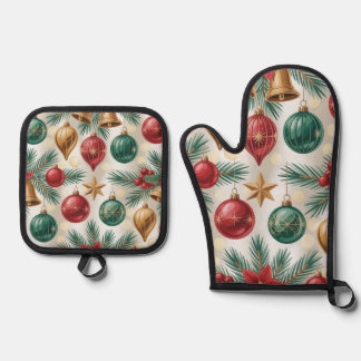 Vintage Christmas Ornaments and Pine  Oven Mitt & Pot Holder Set