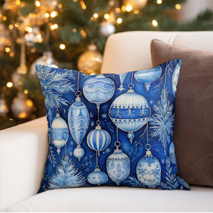 Vintage Christmas Ornaments Blue White Cushion