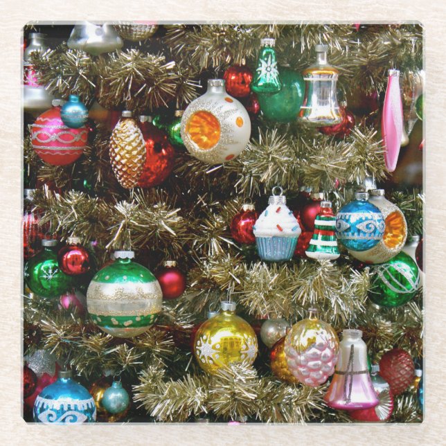 Vintage Christmas Ornaments Glass Coaster (Front)